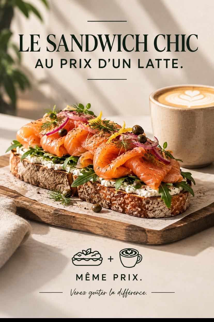 Tartine au saumon fumé sur pain de campagne à côté d'un latte : le sandwich chic au prix d'un latte