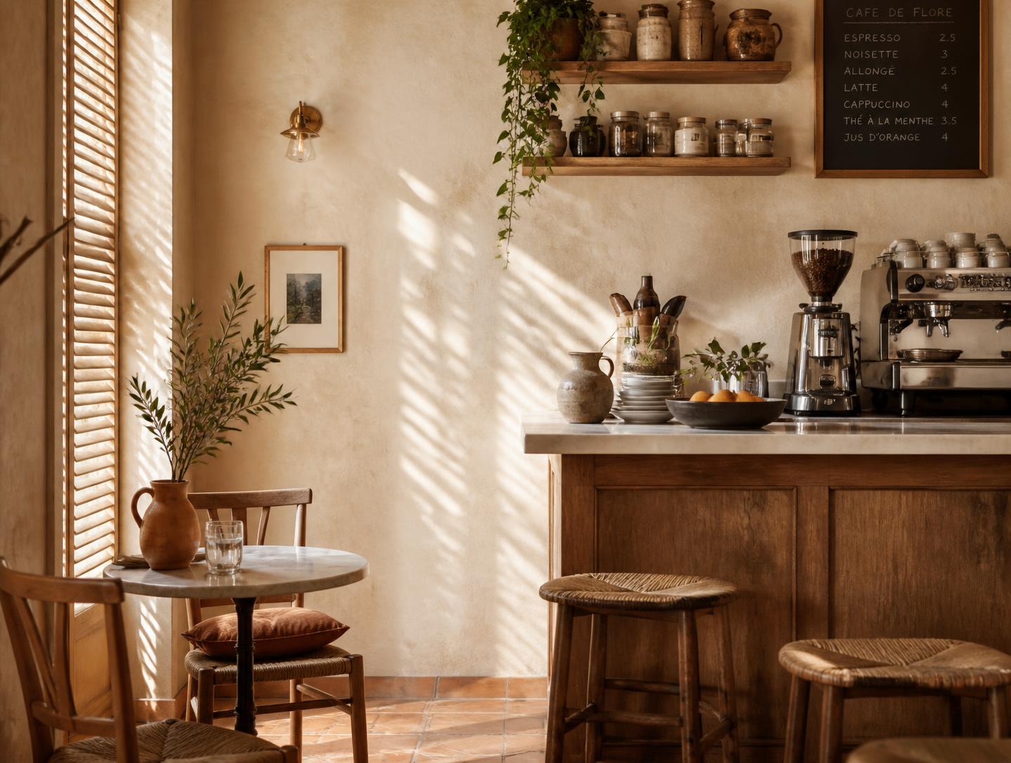 Salle en terracotta et chaux, tabourets en bois tourné et lumière du matin