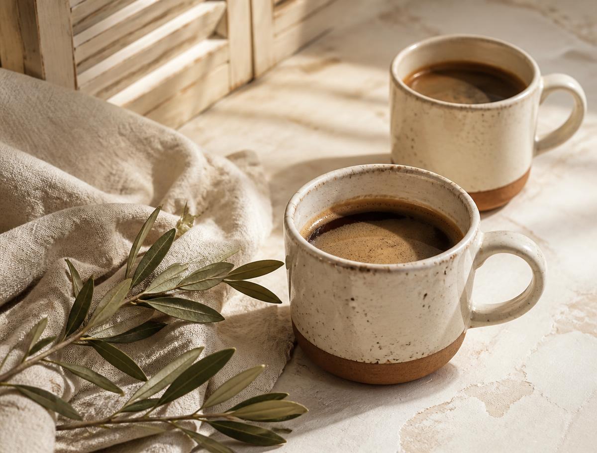 Tasses en céramique artisanale, lin et branche d'olivier sur table en pierre
