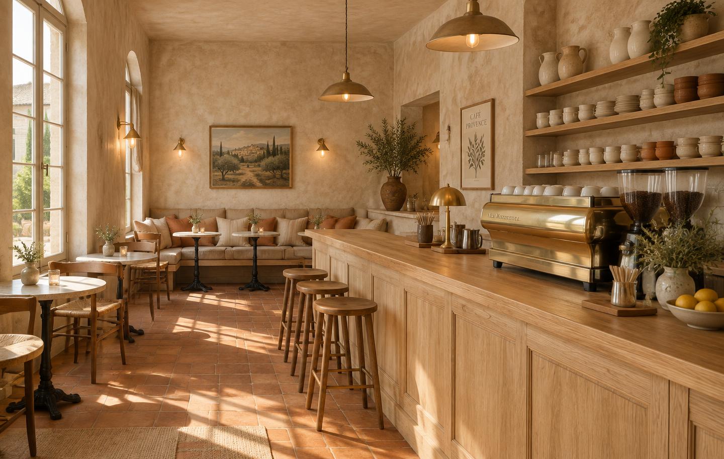 Comptoir en bois blond avec machine à café en laiton, banquettes en lin et céramiques artisanales