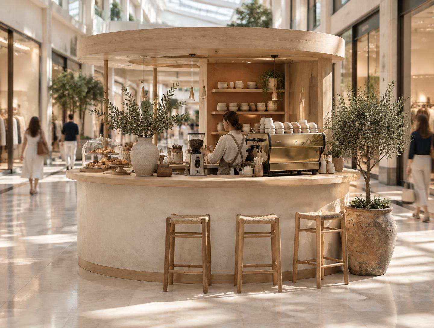 Kiosque café en bois blond et chaux au cœur d'un centre commercial lumineux