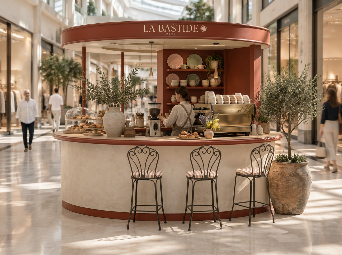 Kiosque La Bastide Café en centre commercial, décoration terracotta et chaux, chaises en fer forgé à rayures et olivier