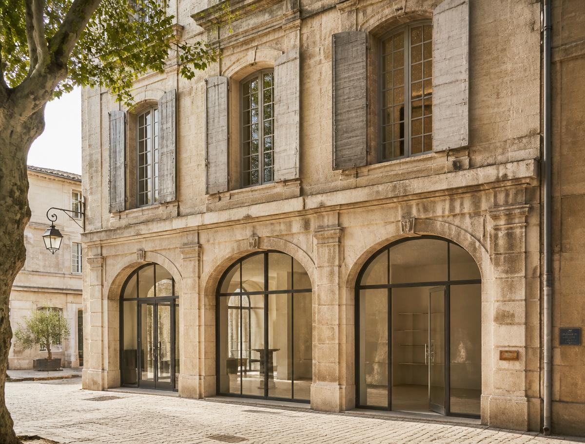 Façade en pierre provençale avec arcades vitrées et volets en bois donnant sur une place pavée