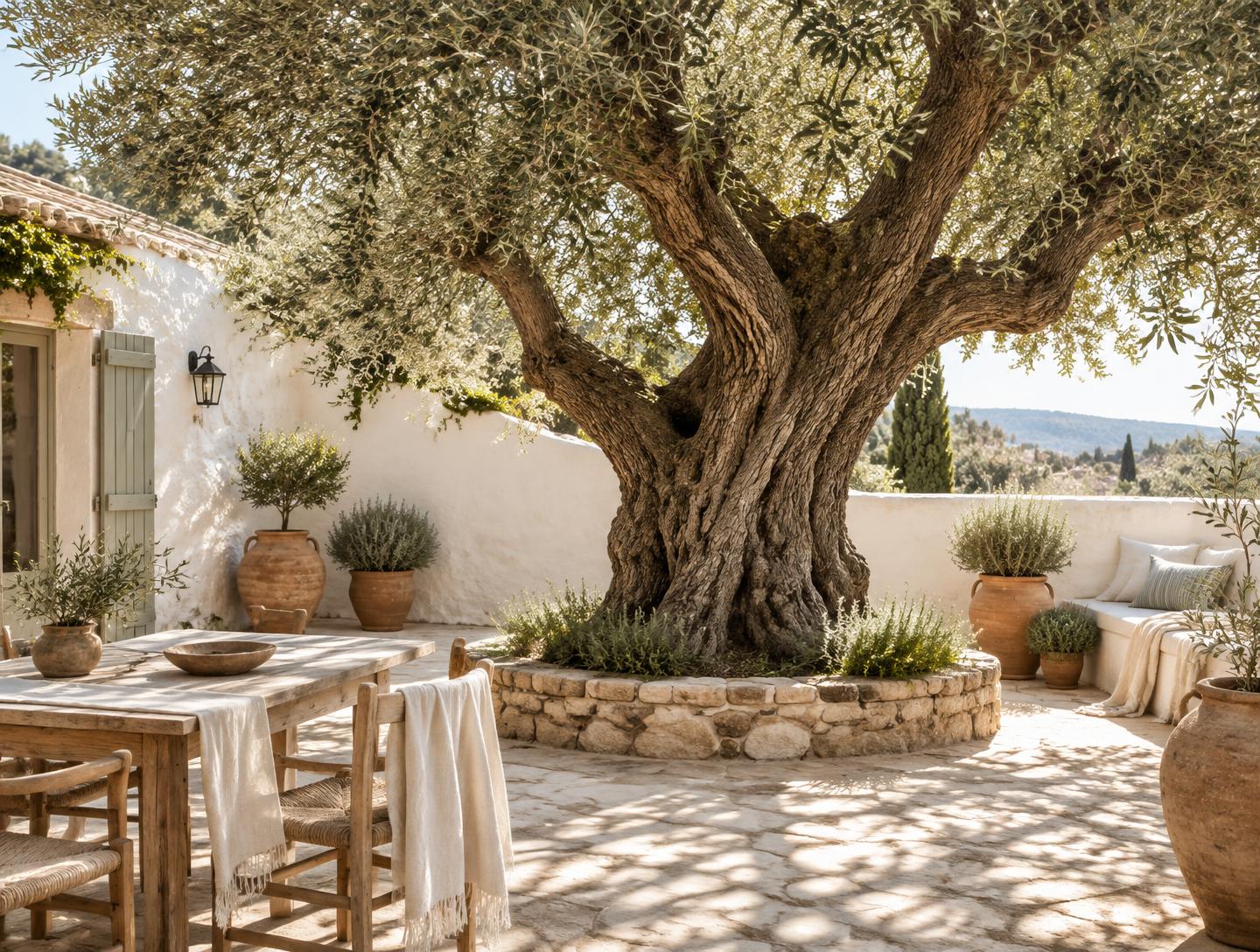 Olivier baigné de lumière sur une terrasse entourée de murs chaulés